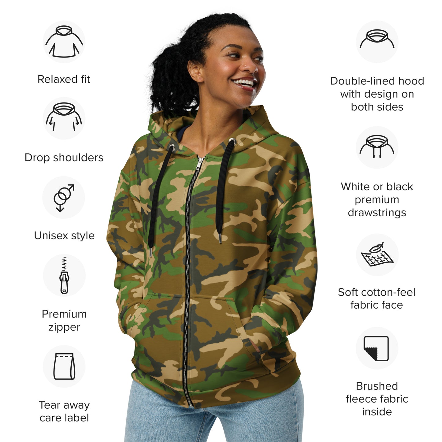 M81 Woodland Camo Unisex Zip Hoodie